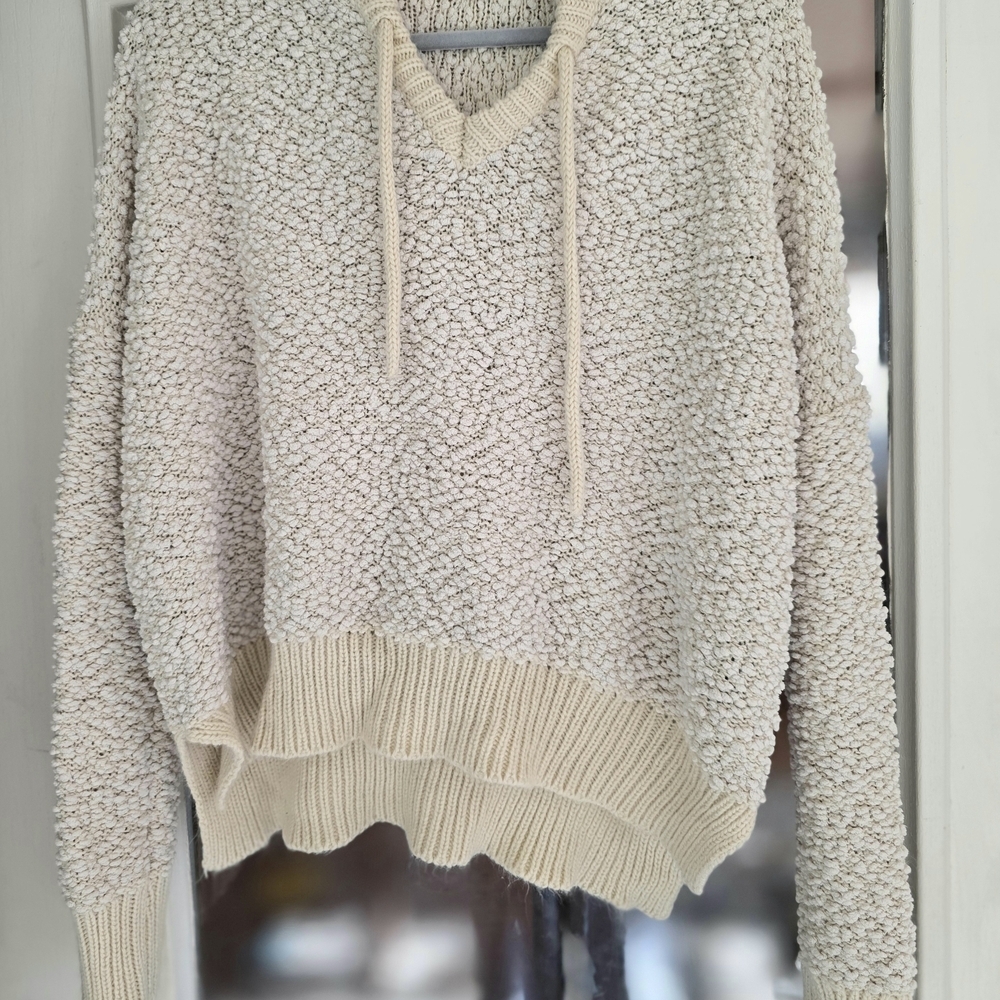 POL Cozy Textured Cream Popcorn Knit Pullover Hoodie Sz Large